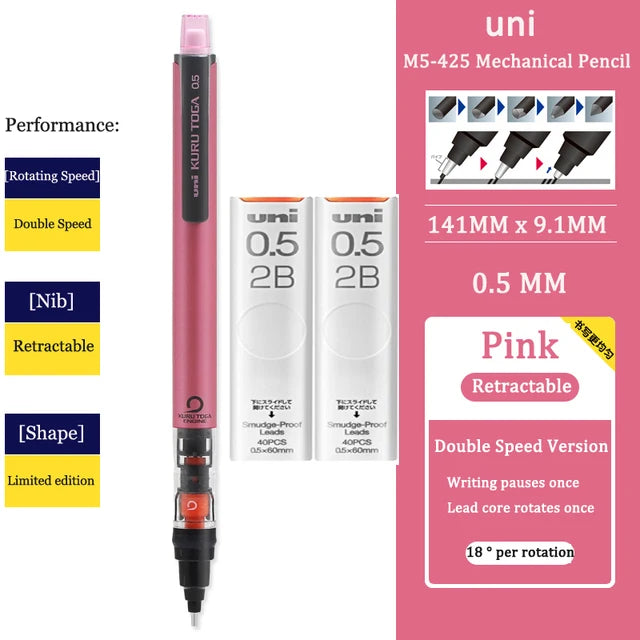 UNI KURU TOGA M5-452 Mechanical Pencil 0.5mm – Rotating Lead Automatic Pencil for Continuous Writing & Sketching