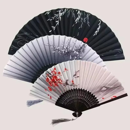 Bamboo Folding Fan with Silk — Chinese & Japanese Style Handheld Fan, Antique Art Craft for Summer Dance, Home Decor & Party