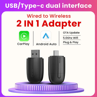 2-in-1 Wireless CarPlay & Android Auto Dongle – Type-C USB Bluetooth WiFi Adapter for Chevrolet, Citroen, Buick, Cadillac, Chery, VW