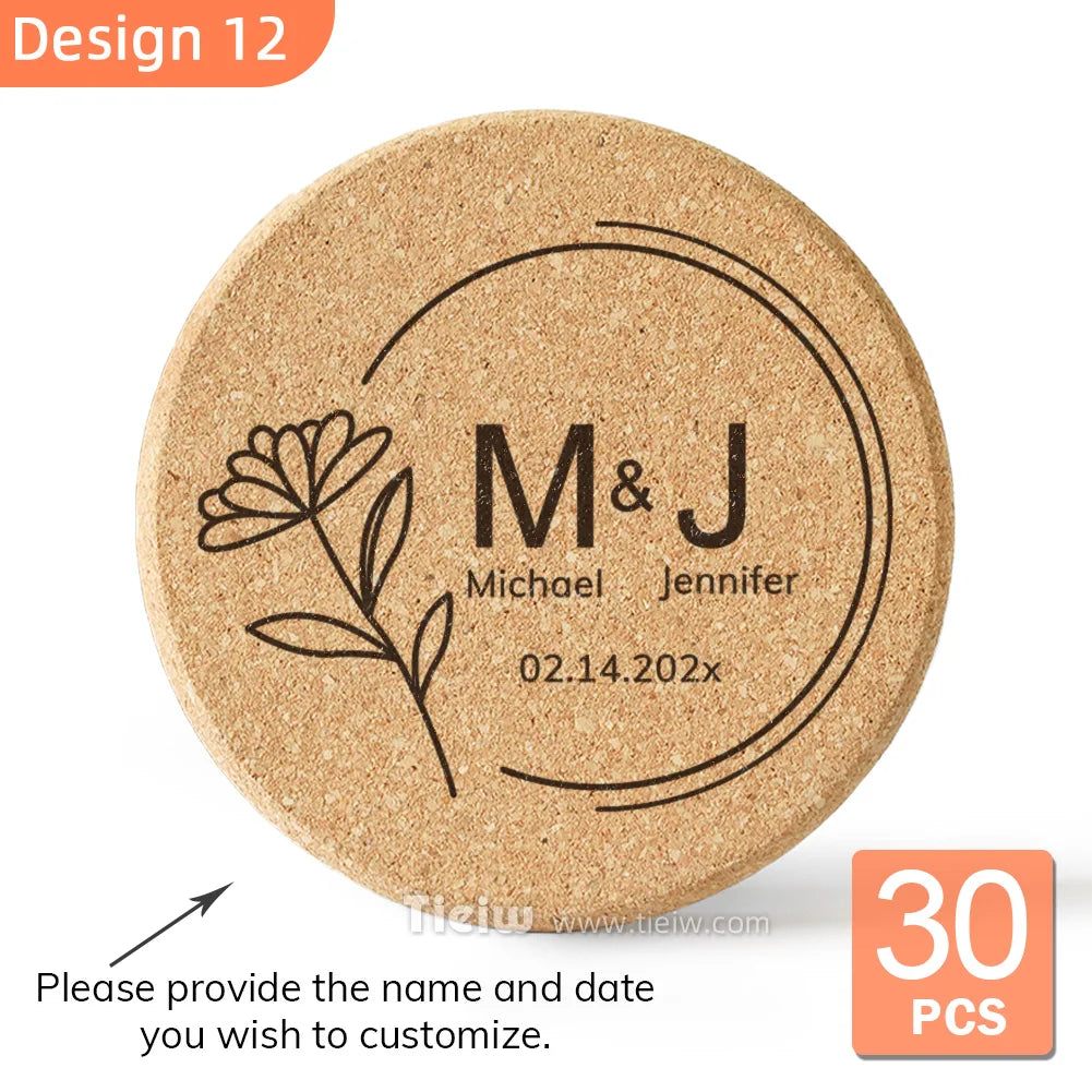 30-Piece Personalized Cork Coaster Set - Custom Tie Design Wedding Favors, Bridal Shower Gifts and Corporate Party Keepsakes