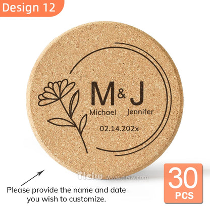 30-Piece Personalized Cork Coaster Set - Custom Tie Design Wedding Favors, Bridal Shower Gifts and Corporate Party Keepsakes