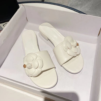 Luxury Women’s Flower Slippers — Camellia Open-Toe Slides for Home & Outdoor, Ladies Flip Flop Sandals