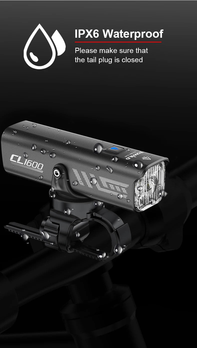 TOWILD 1600LM Bicycle Front Light — 5000mAh IPX6 Aluminum MTB & Road Bike Headlight with Type-C Charging