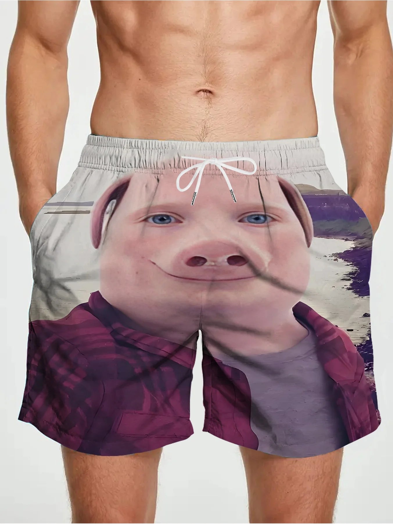 Cartoon Pig Print Swim Shorts – Adjustable Drawstring Waist with Pockets, Lightweight Summer Pool & Ocean Wear