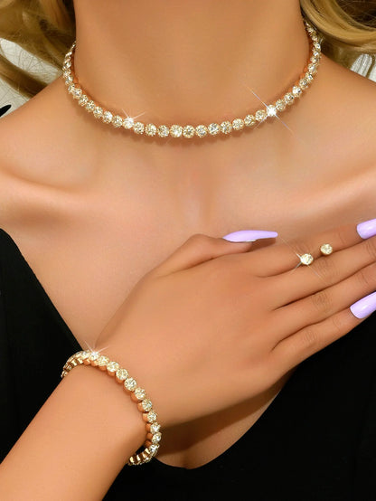 Women's Minimalist Jewelry Set - 4-Piece Necklace, Earrings & Bracelet Party Accessory Collection