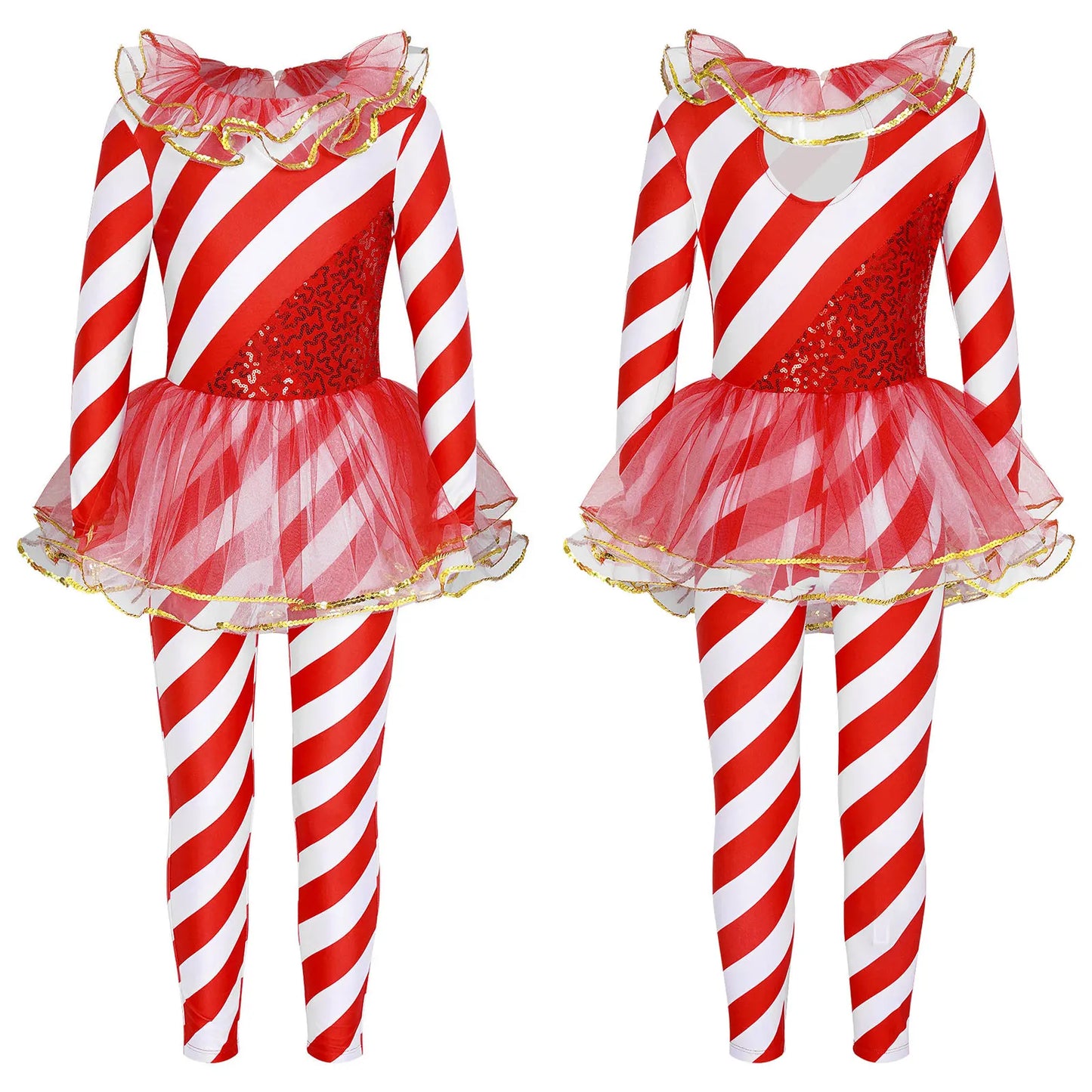 Kids Candy Cane Striped Christmas Tutu Leotard — Sequined Santa Bodysuit for Ballet & Gymnastics