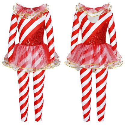 Kids Candy Cane Striped Christmas Tutu Leotard — Sequined Santa Bodysuit for Ballet & Gymnastics