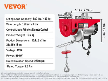 VEVOR 200–800kg Electric Hoist – Cable Winch Lifting Crane with Wired/Wireless Remote for Boat, Car, Garage & Elevator