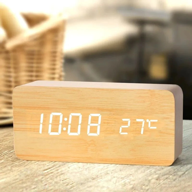 Wooden LED Digital Alarm Clock: Stylish Desk & Bedside Clock with Temperature Display