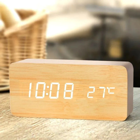 Wooden LED Digital Alarm Clock: Stylish Desk & Bedside Clock with Temperature Display