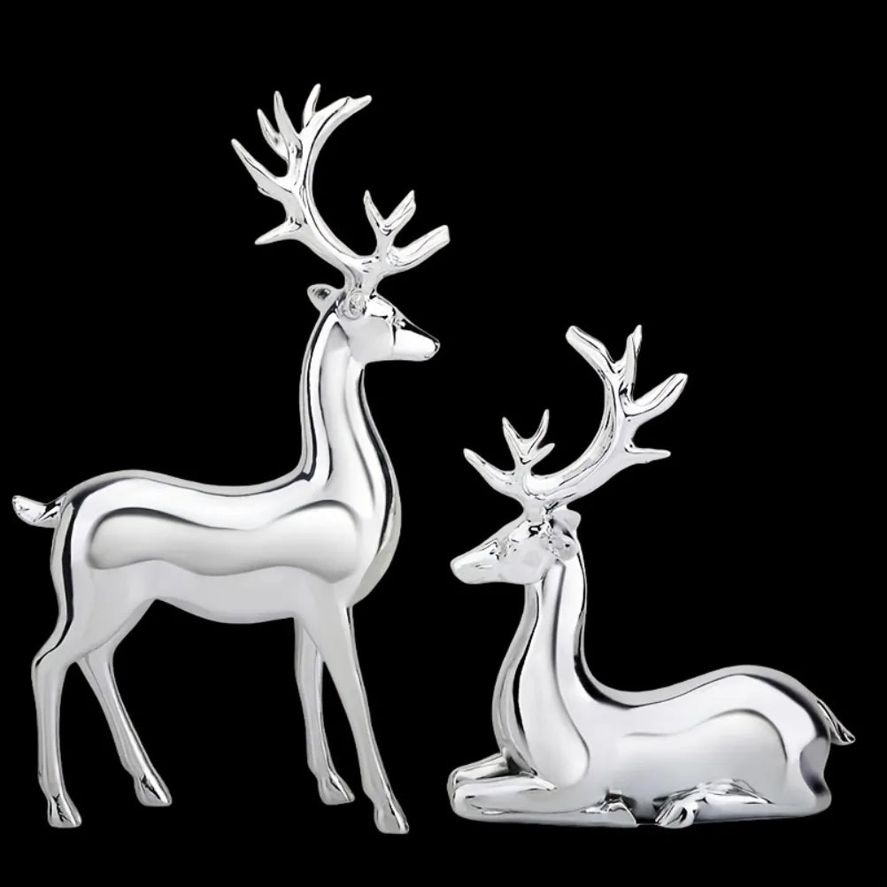 Nordic Christmas Deer Resin Statue Set – Electroplated Double Reindeer Home & Office Desktop Decoration