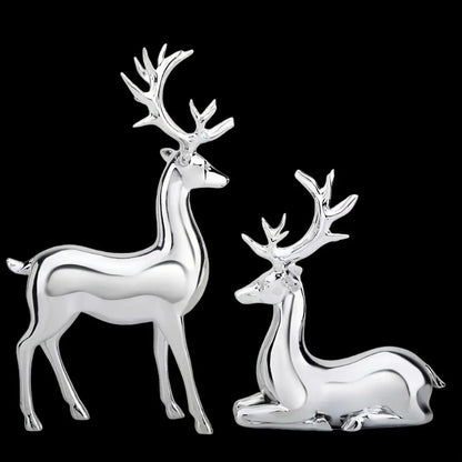 Nordic Christmas Deer Resin Statue Set – Electroplated Double Reindeer Home & Office Desktop Decoration