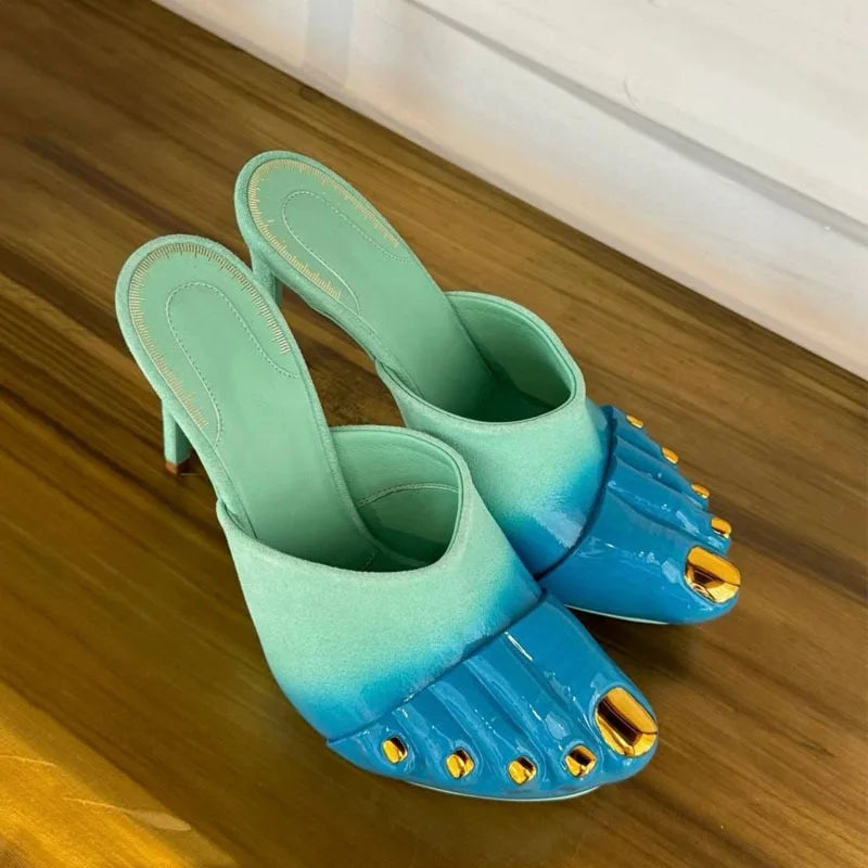 Gold Five-Toe High-Heel Sandals for Women - Slim Ankle Strap Dress Slippers