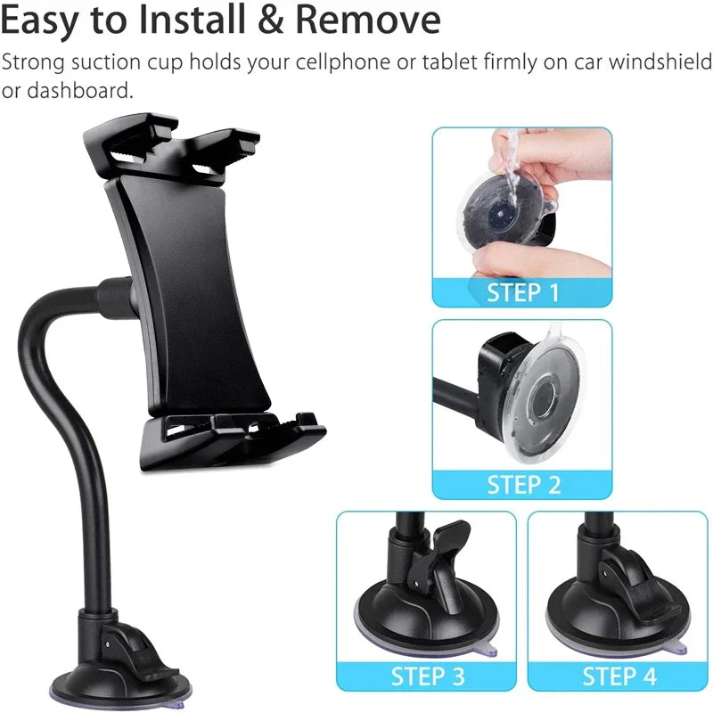 Universal Tablet & Phone Car Mount — Long Arm Windshield Stand for 4–13.5” iPhone, iPad, GPS