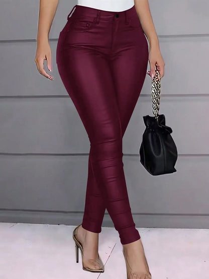 Women’s Trendy High Waist PU Leather Skinny Pants – Stretchy Thermal Lined Cropped Winter Trousers with Slant Pockets
