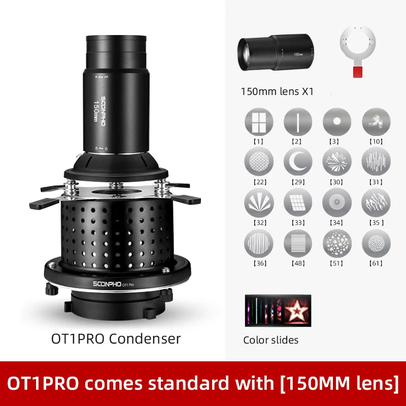 Soonpho OT1 PRO Bowens Mount Optical Snoot – 50mm/85mm/150mm Lenses for Graphic Art Effects, Godox Lighting Flash