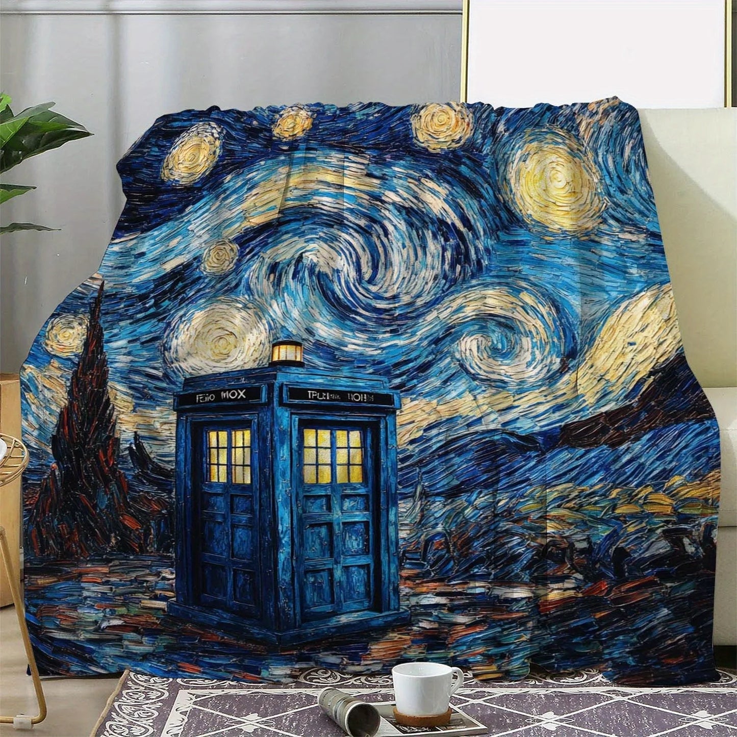 Starry Night TARDIS Fleece Blanket – Soft Cozy Doctor Who Throw for Bed, Sofa, Car, and Office