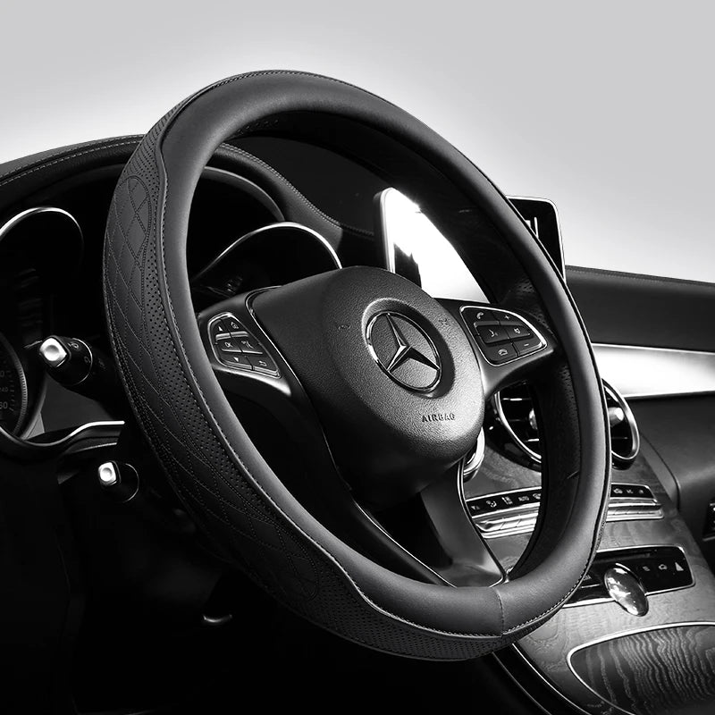 Napa Leather Perforated Car Steering Wheel Cover – Non-Slip, Breathable, Universal 15 Inch (Approx. 38.1cm) Patchwork Design