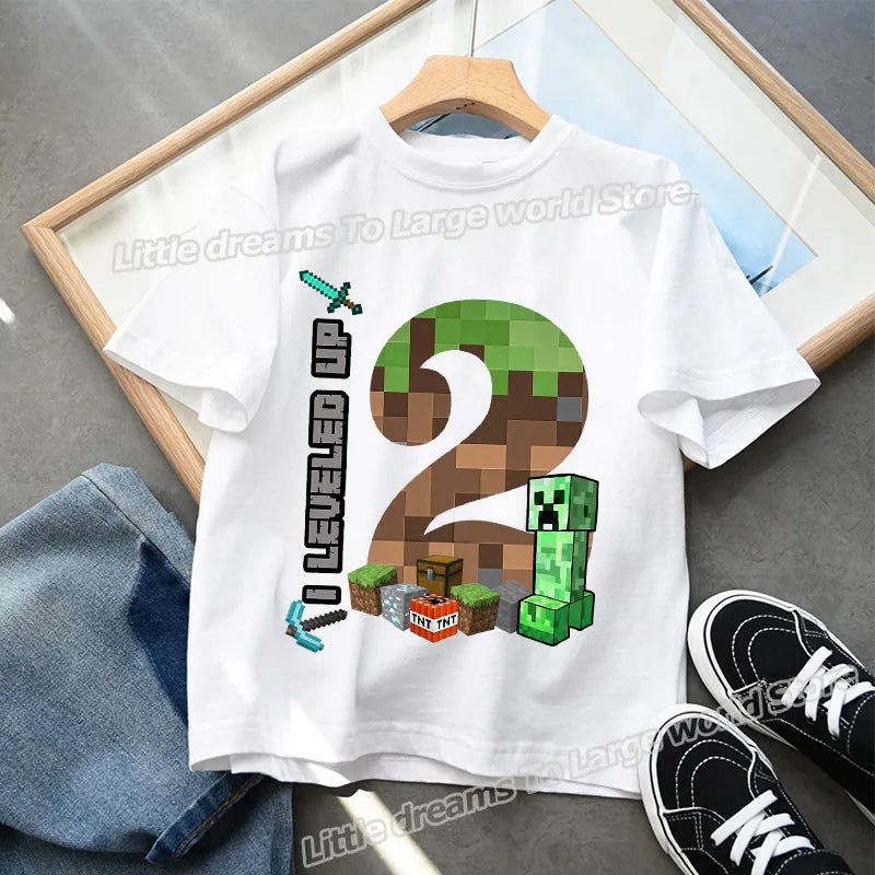 Miner Crafting Birthday Number T-Shirt – Cartoon Summer Short Sleeve Tops for Boys Party Gift