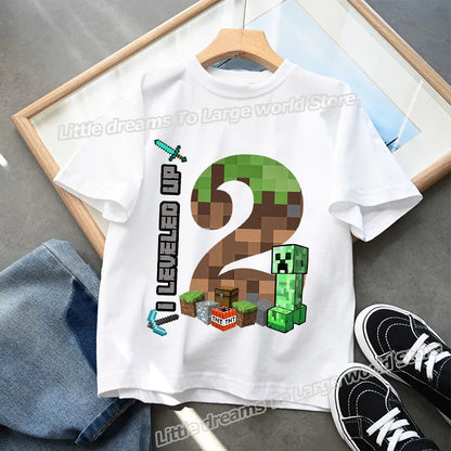 Miner Crafting Birthday Number T-Shirt – Cartoon Summer Short Sleeve Tops for Boys Party Gift
