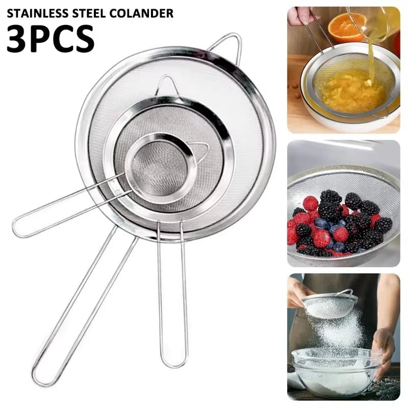 3-Pack Stainless Steel Mesh Sieve Strainers – Slotted Spoon Kitchen Filters with Long Handles for Cooking