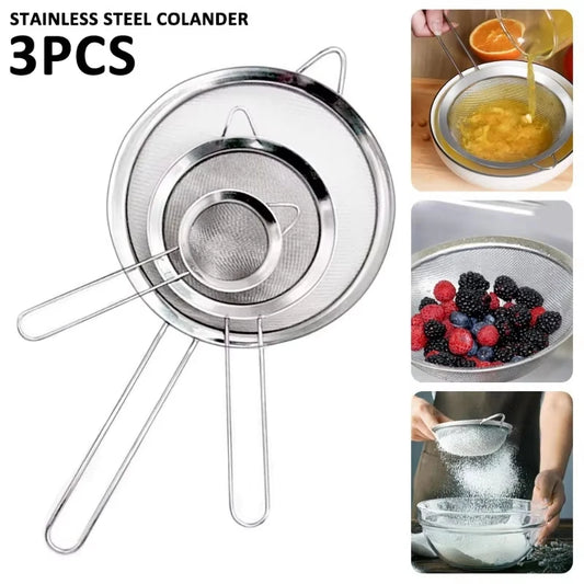 3-Pack Stainless Steel Mesh Sieve Strainers – Slotted Spoon Kitchen Filters with Long Handles for Cooking