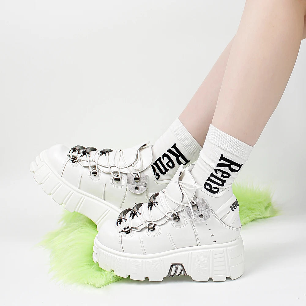 New 2024 Punk Style Women's Platform Shoes – 6CM Lace-Up Rock Boots with Metal Decor