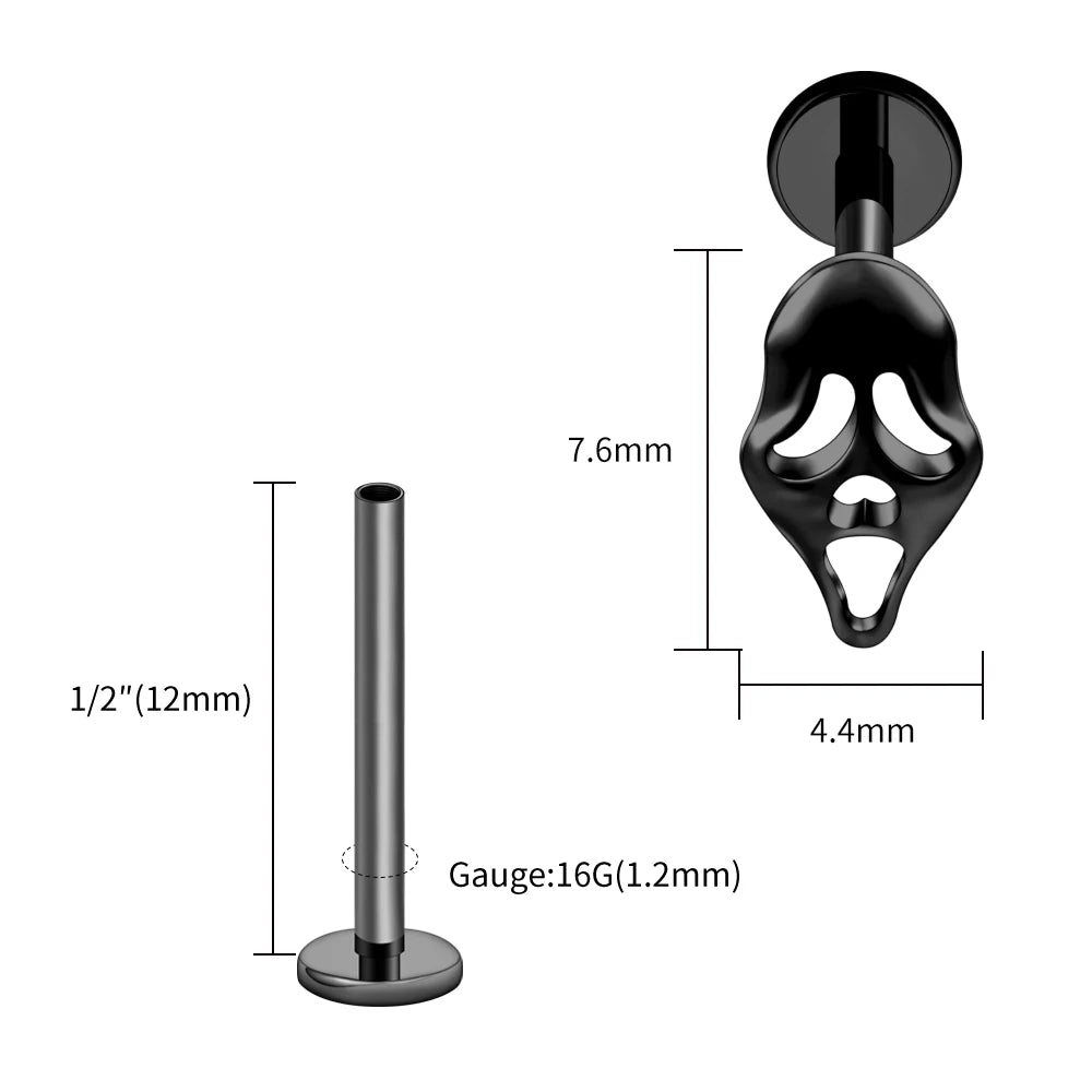 Right Grand ASTM F136 Titanium 16G Ghost Face Flat Back Earring – Halloween CZ Cartilage Stud for Helix, Labret & Nose Piercing Jewelry