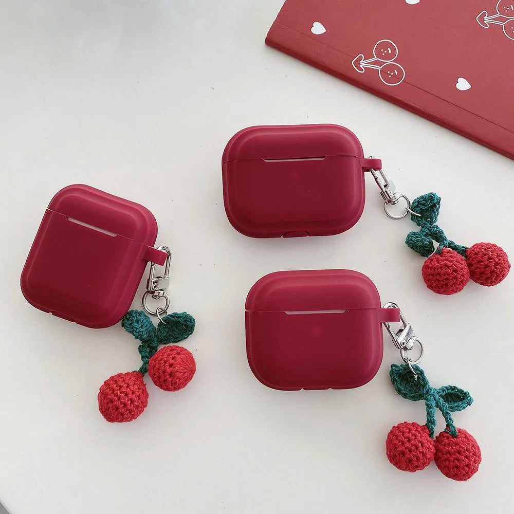 Knitted Red Cherry Pendant Soft Silicone Earphone Case for AirPods Pro 2 & AirPods 1/2/3/4 — Protective Cover with Keychain