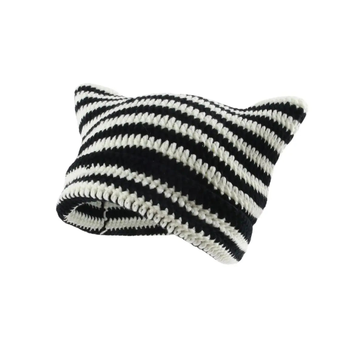 Stay Trendy and Warm: Cute Cat Ears Beanie Hats for Women - Winter Striped Korean Punk Gothic Y2K Wool Knitted Streetwear Bucket Cap, Handmade Crochet Design