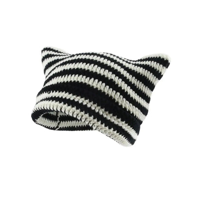 Stay Trendy and Warm: Cute Cat Ears Beanie Hats for Women - Winter Striped Korean Punk Gothic Y2K Wool Knitted Streetwear Bucket Cap, Handmade Crochet Design