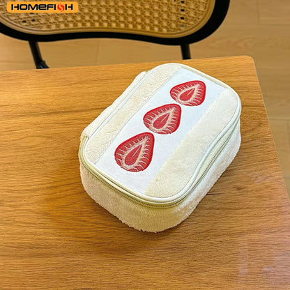 HOMEFISH Strawberry Plush Makeup Bag - Cute Embroidered Multi-Function Cosmetic Storage Pouch for Women