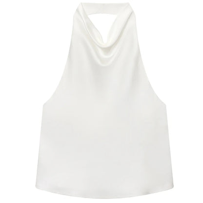 HXAO Women’s Satin Halter Top – Summer 2025 Black & Yellow Crop Tank, Off-Shoulder Sleeveless Backless Vest