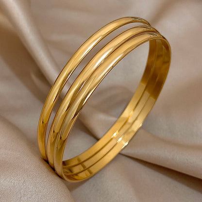 3-Piece 18K Gold-Plated Stainless Steel Bangle Set - Minimalist Glossy Waterproof Bracelets for Women