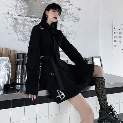 Spring Harajuku Streetwear Two-Piece Skirt Set - Oversize Punk Chain Ribbon Skirts for Women, 2-Piece Suit for Female