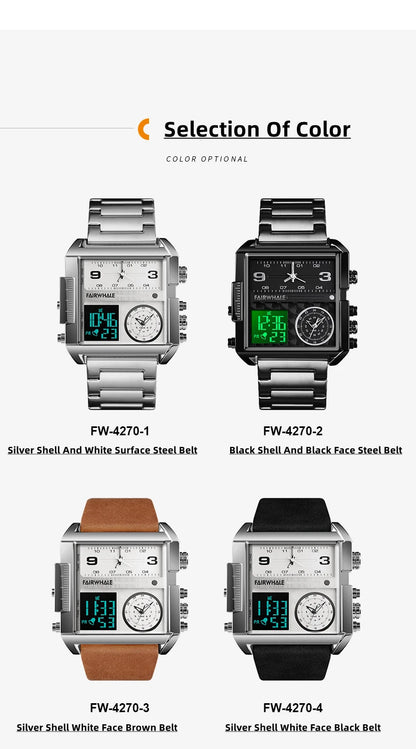 Mark Fairwhale Men’s Luxury Square Quartz Watch — Fashion Waterproof Military Leather Strap Wristwatch