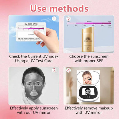 Travel Compact UV Mirror with Camera & LED Lights – 2X Magnification Makeup Mirror for Facial Sunscreen Check