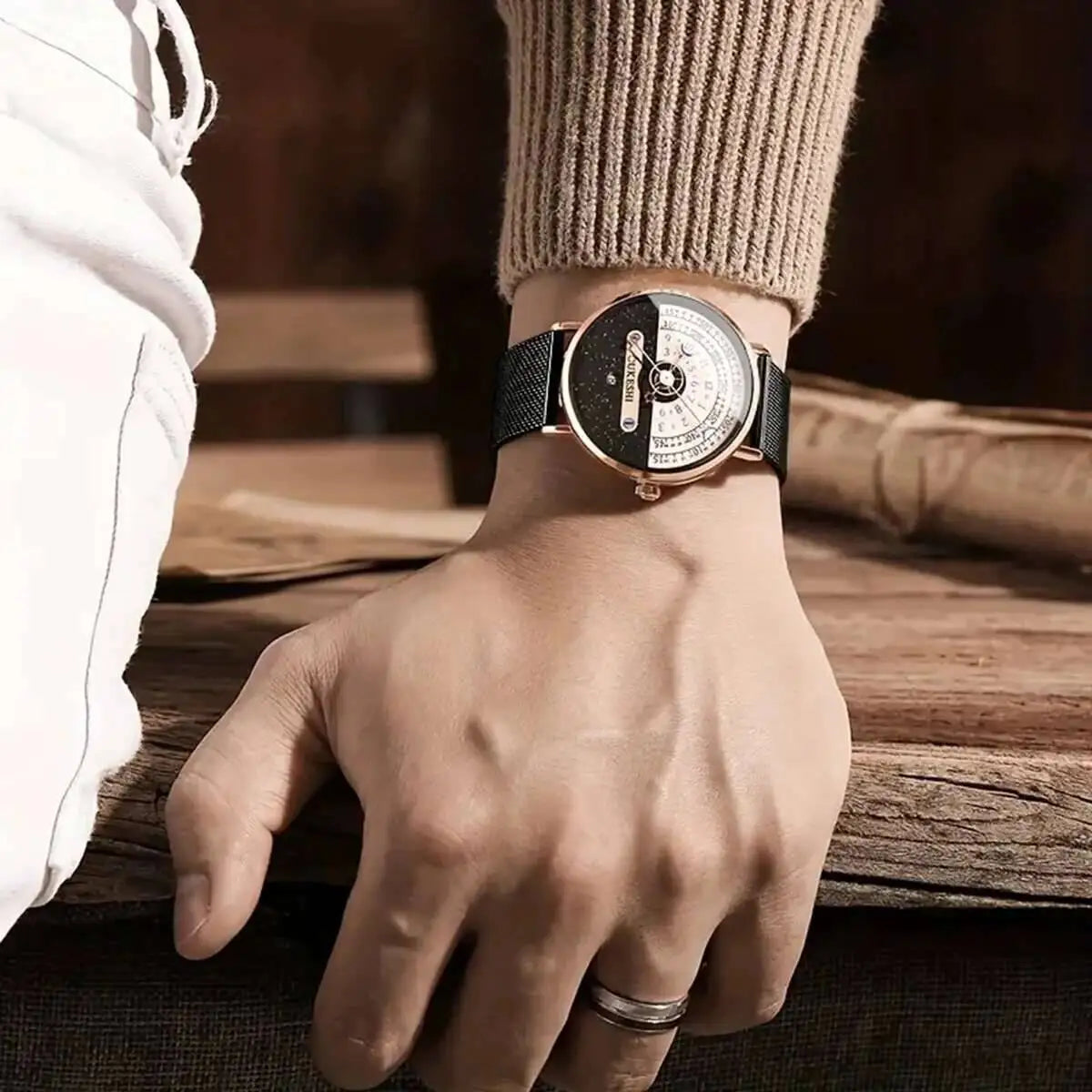 Men’s Fashion Mesh Band Quartz Watch — Business Wristwatch with Calendar Reloj Hombre