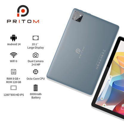 PRITOM TAB11 10-Inch Android 14 Tablet – 8GB RAM + 128GB ROM, Octa-Core, 5G WiFi with Keyboard, Mouse & Case