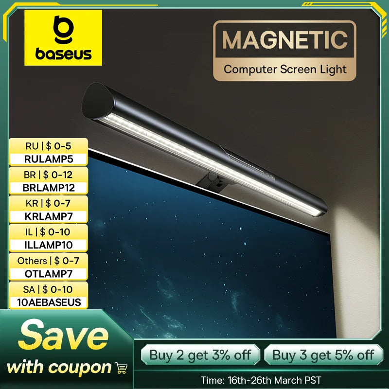 Baseus Magnetic USB Computer Screen Light – Hanging LED Desk Lamp for Monitor, Laptop, and Reading