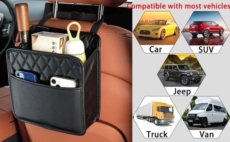 2024 Multi-Functional Car Seat Storage Bag – Leather Garbage & Storage Bag, Portable Trash Can for Most Car Models