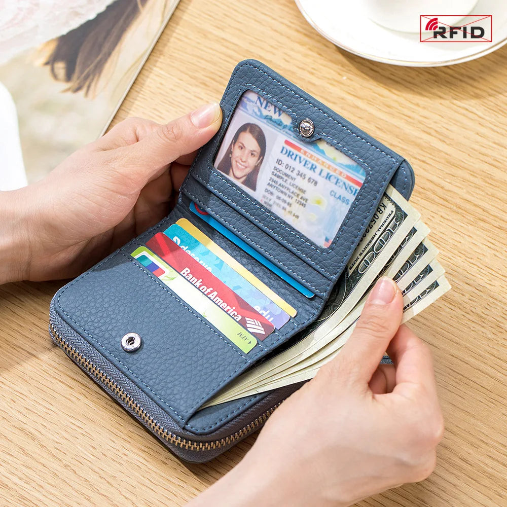 Genuine Leather RFID Short Wallet – Cowhide Card Holder Mini Coin Purse & Key Pouch for Men and Women