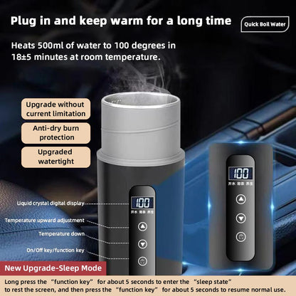 12V/24V Portable Car Electric Kettle 500ml – Smart Touch Screen Travel Heating Cup with Adjustable Temperature Thermal Mug