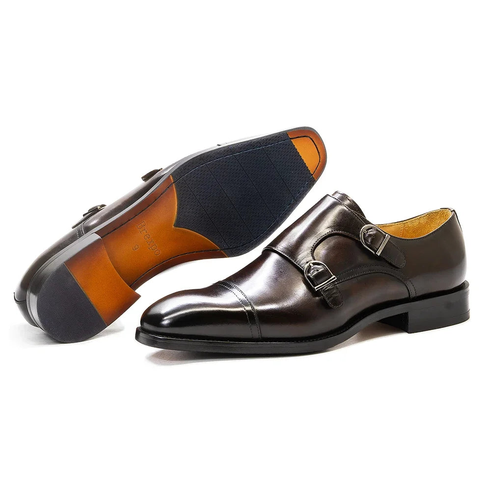 Men’s Genuine Leather Monk Strap Shoes - Double Buckle Cap Toe Formal Business Office Wedding Dress Shoes