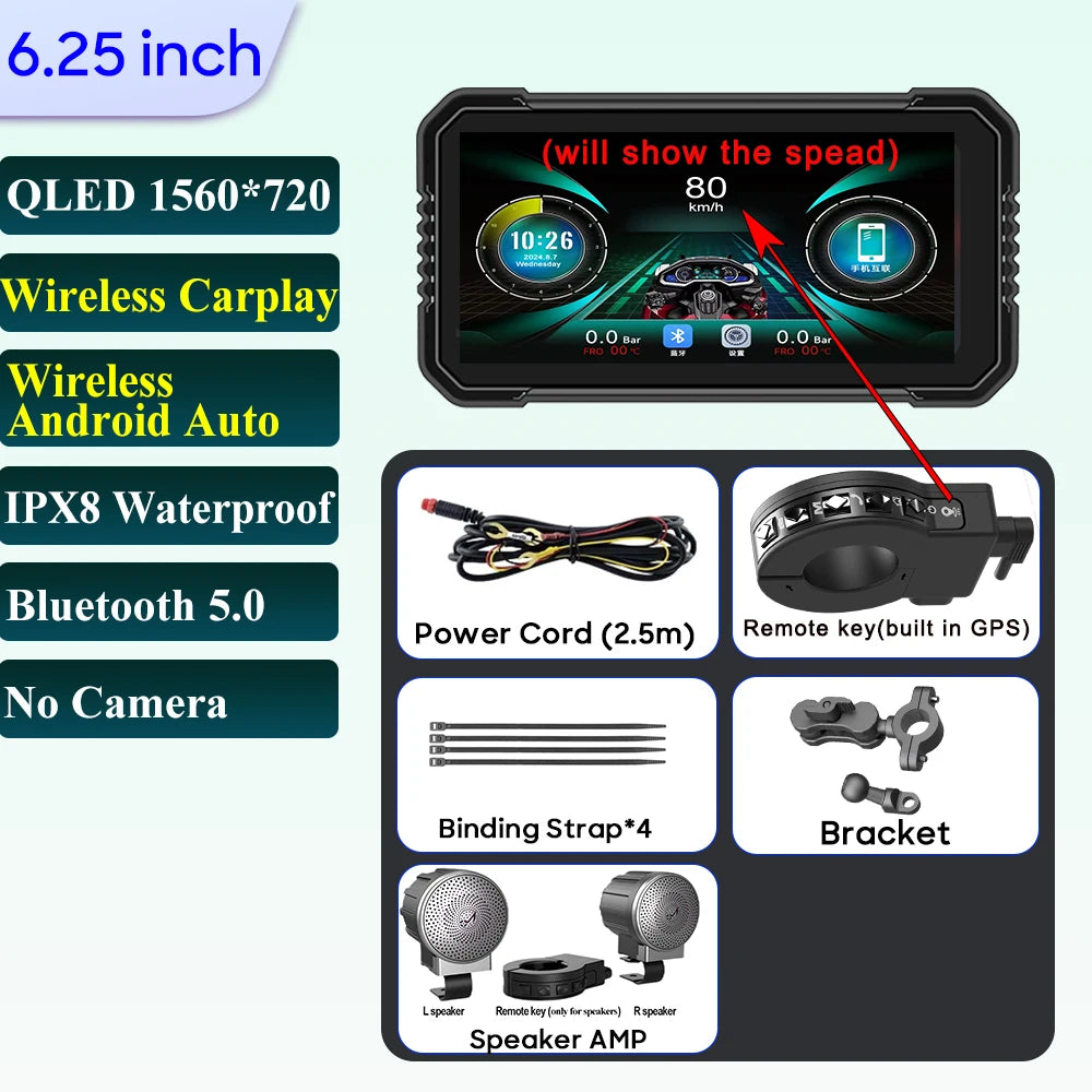 6.25-Inch Motorcycle GPS Navigation Screen with Wireless CarPlay & Android Auto – 1560x720 Resolution, Motor DVR Monitor, TPMS Optional