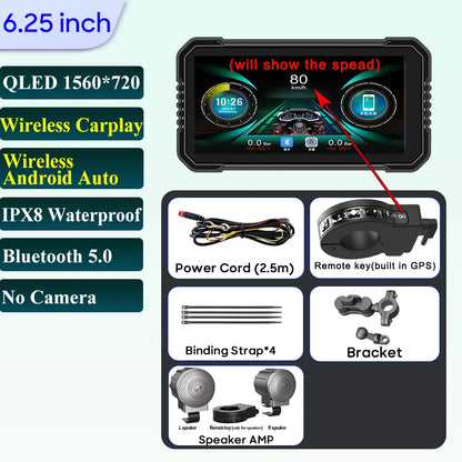 6.25-Inch Motorcycle GPS Navigation Screen with Wireless CarPlay & Android Auto – 1560x720 Resolution, Motor DVR Monitor, TPMS Optional