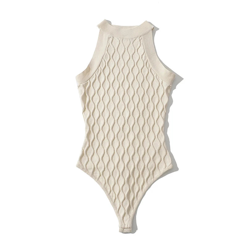LUNDUNSHIJIA 2022 Spring Women’s Sleeveless Knitted Bodysuit – 3D Hollow Out Jumpsuit Top, 5 Fashion Colors