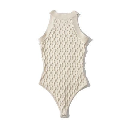 LUNDUNSHIJIA 2022 Spring Women’s Sleeveless Knitted Bodysuit – 3D Hollow Out Jumpsuit Top, 5 Fashion Colors
