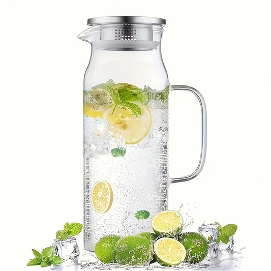 Borosilicate Glass Water Pitcher - 1L/1.5L Straight Juice Jug with Stainless Steel Lid for Coffee & Drinks