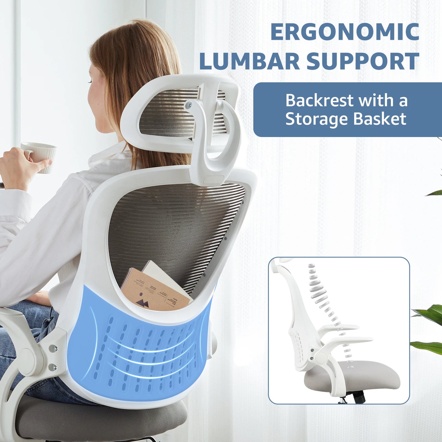 Mesh Ergonomic Office Chair – Adjustable Headrest, Flip-Up Arms, Comfortable Lumbar Support for Home & Office